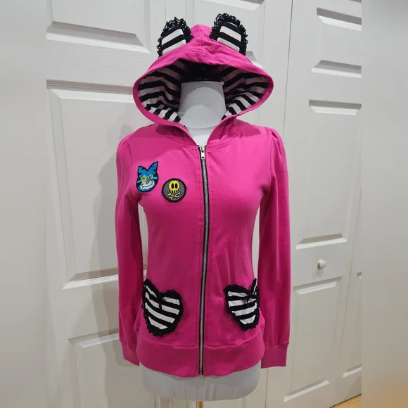 Rare Jessica Louise Pink Punk Patch Black White Striped Ear Zip Hoodie M - Picture 1 of 12